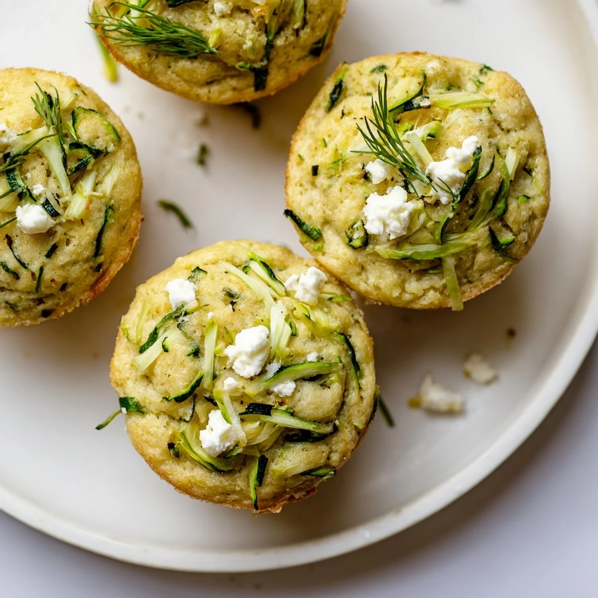 A close-up of fluffy Savory Zucchini and Feta Muffins, showcasing the tender feta and herbs throughout.