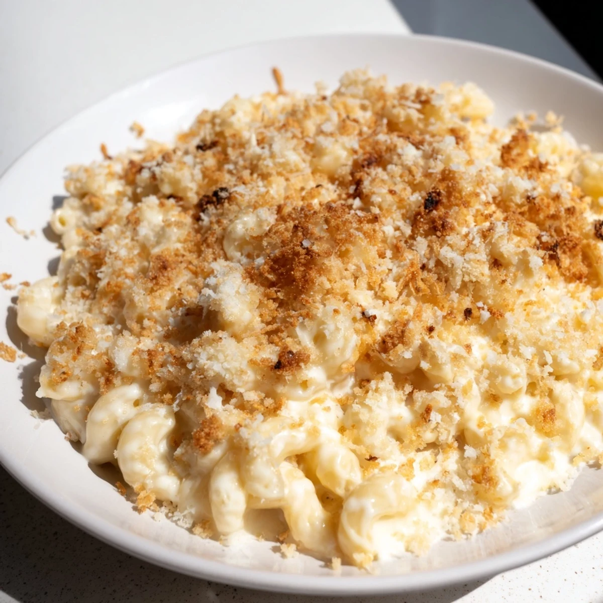 A warm, inviting close-up of Classic Oven-Baked Macaroni and Cheese, showing cheesy goodness and crispy topping.