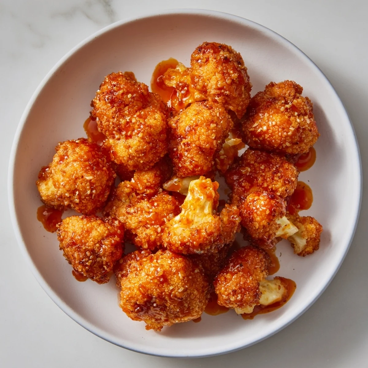 Golden-brown Crispy Air-Fryer Buffalo Cauliflower Bites, ready to enjoy with savory buffalo sauce.