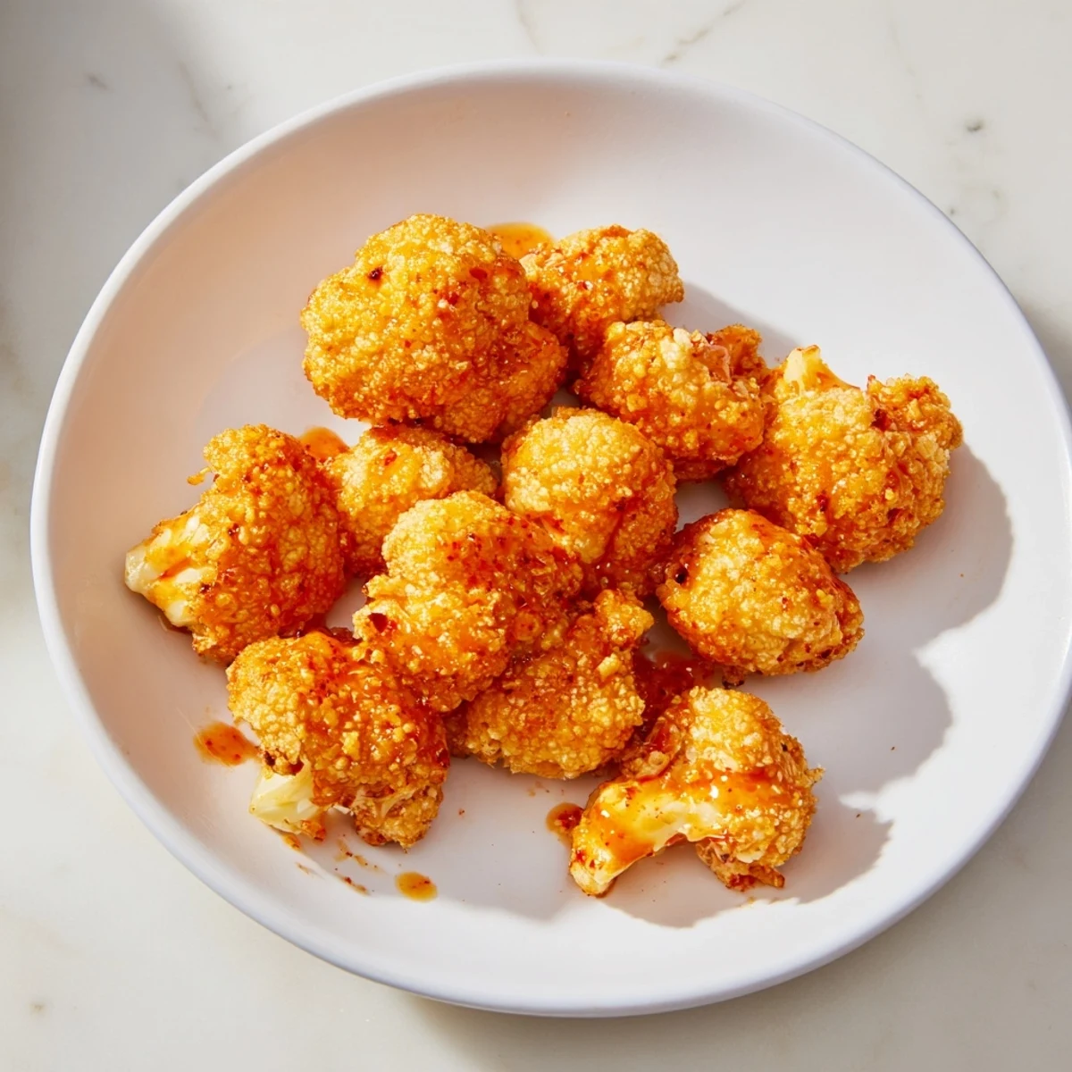 Close-up of perfectly crisp Air-Fryer Buffalo Cauliflower Bites, promising a flavorful, spicy bite.
