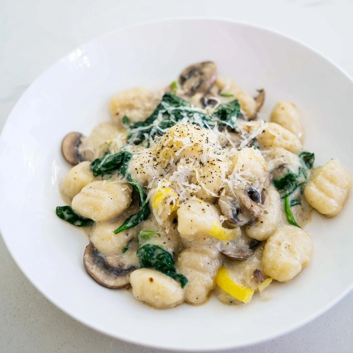 Sizzling One-Dish Creamy Mushroom and Spinach Gnocchi, offering a delicious vegetarian meal for hungry diners.