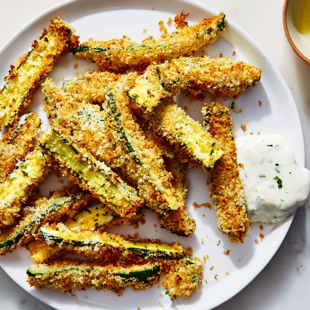 Freshly baked Parmesan zucchini fries, served hot and ready, alongside a zesty, flavorful dipping sauce.