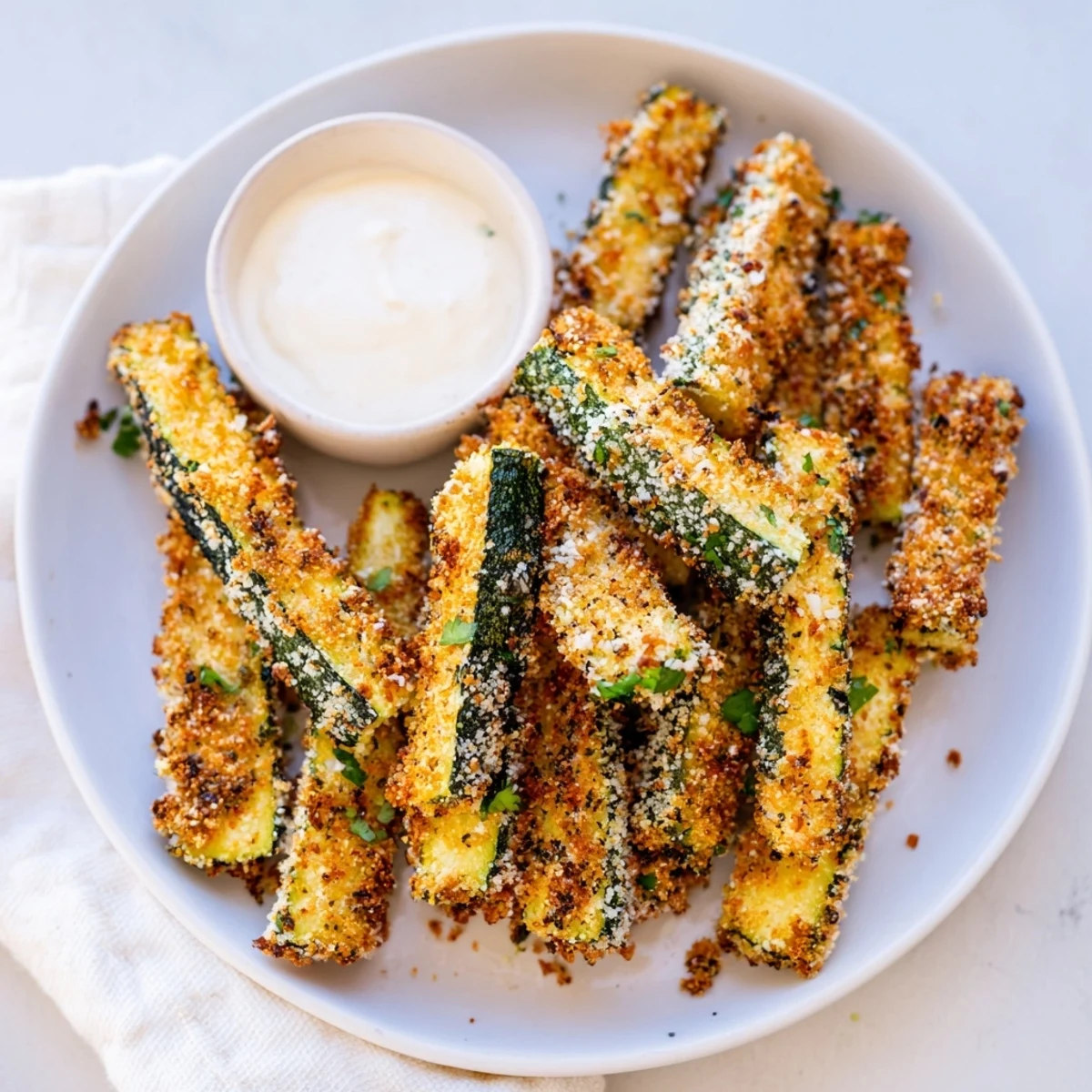 Imagine the crunchy texture of those Parmesan zucchini fries next to the cool dip on a plate.