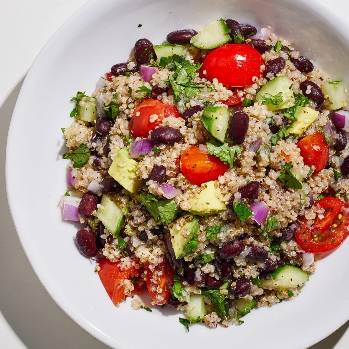 Refreshing Quinoa and Black Bean Salad is a colorful bowl with avocado and a zesty lime dressing.