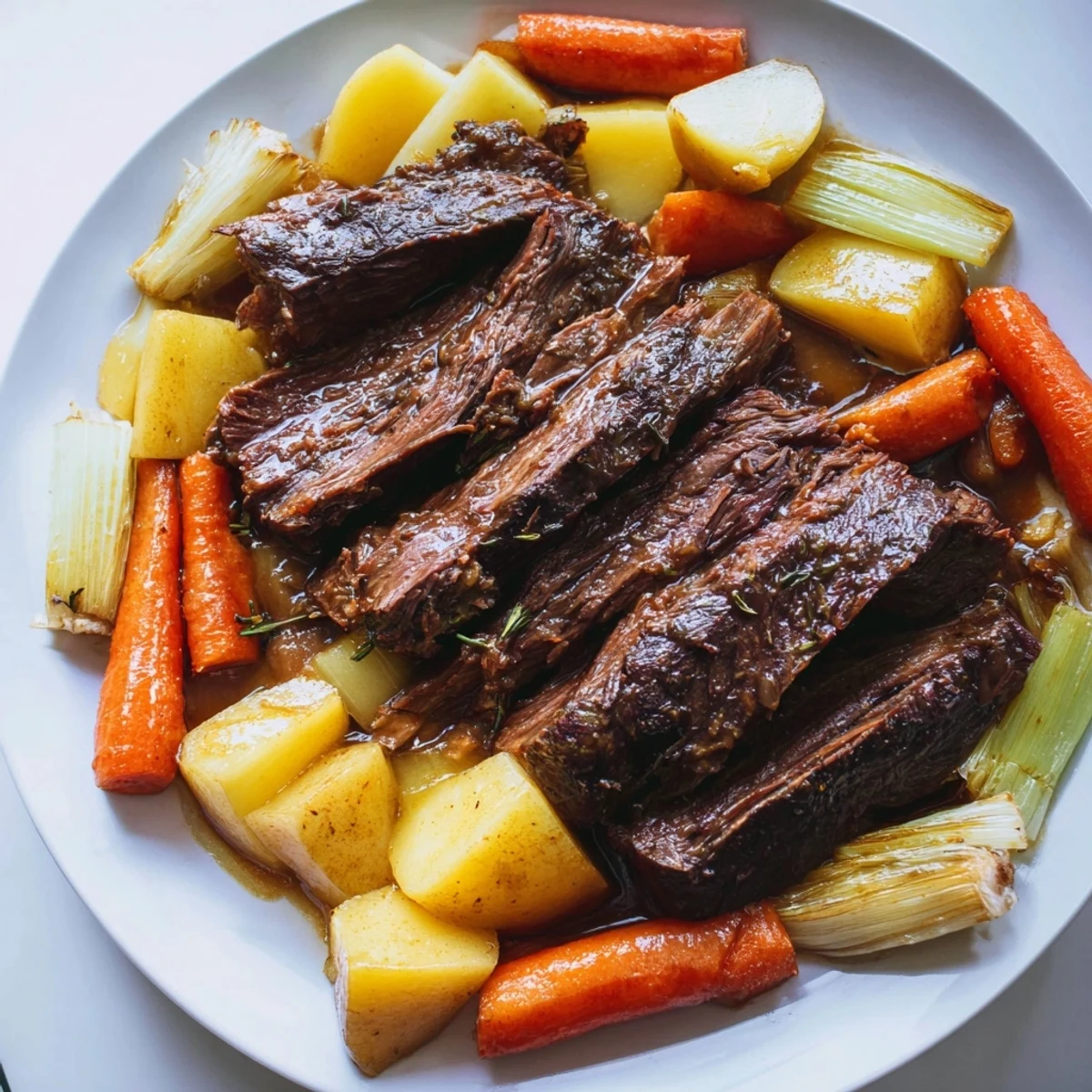 Fork-tender Slow-Roasted Beef Pot Roast, rich with savory juices and hearty, cooked veggies.