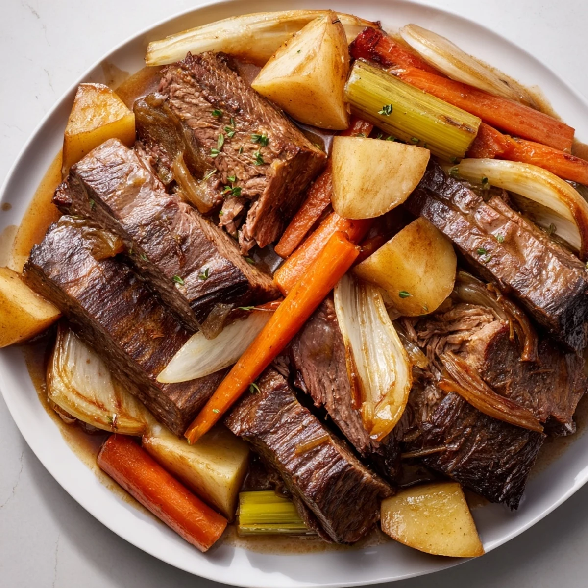 Tender Slow-Roasted Beef Pot Roast with roasted root vegetables, a family dinner special.