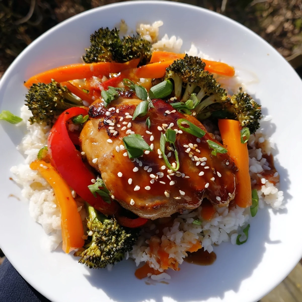 One-Pot Teriyaki Chicken and Rice Bake with glistening chicken and vibrant veggies in a savory sauce.