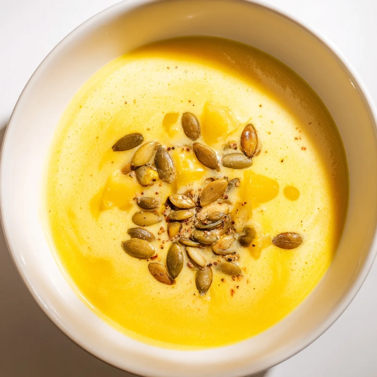 Creamy roasted pumpkin soup, a vibrant orange hue, garnished with toasted pumpkin seeds.