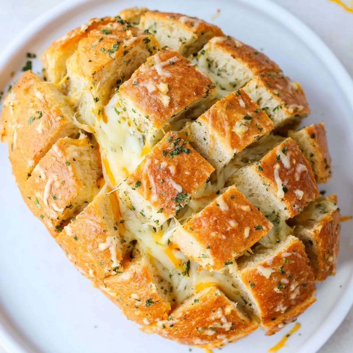 Golden, bubbly Cheesy Garlic Pull-Apart Bread: a warm, cheesy appetizer with fragrant garlic butter.