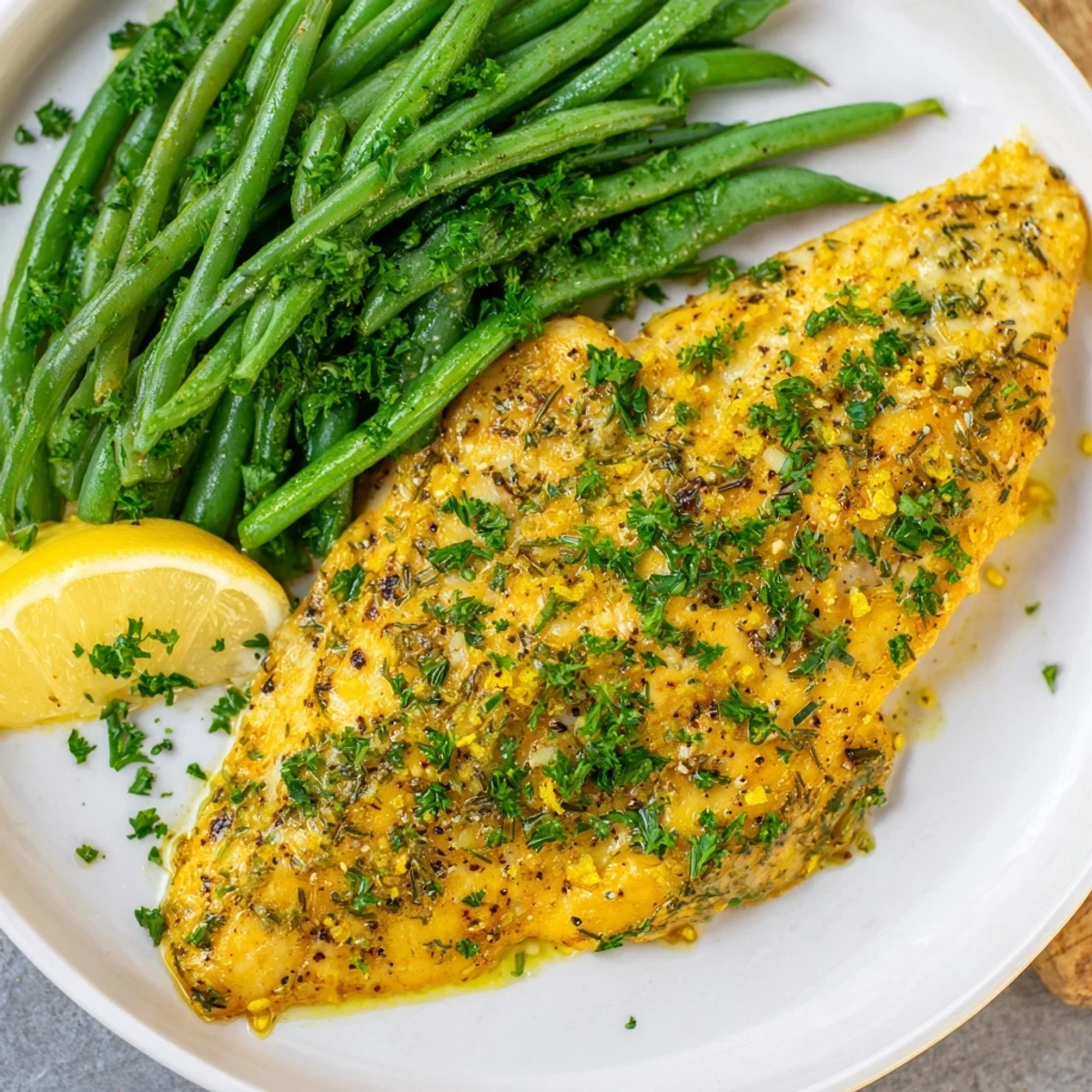 Golden, flaky Sheet Pan Lemon Herb Tilapia resting next to vibrant green beans, ready to enjoy.