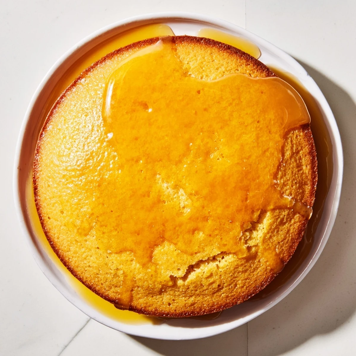 Fragrant, warm Quick Skillet Cornbread, ready to slice, with a sweet honey butter topping.