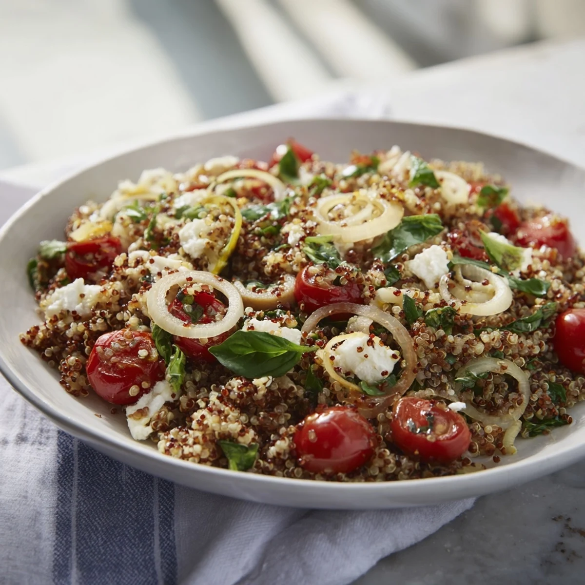 This Mediterranean Grain Bowl features golden roasted chickpeas and crumbled feta cheese, beautifully plated for a hearty lunch.