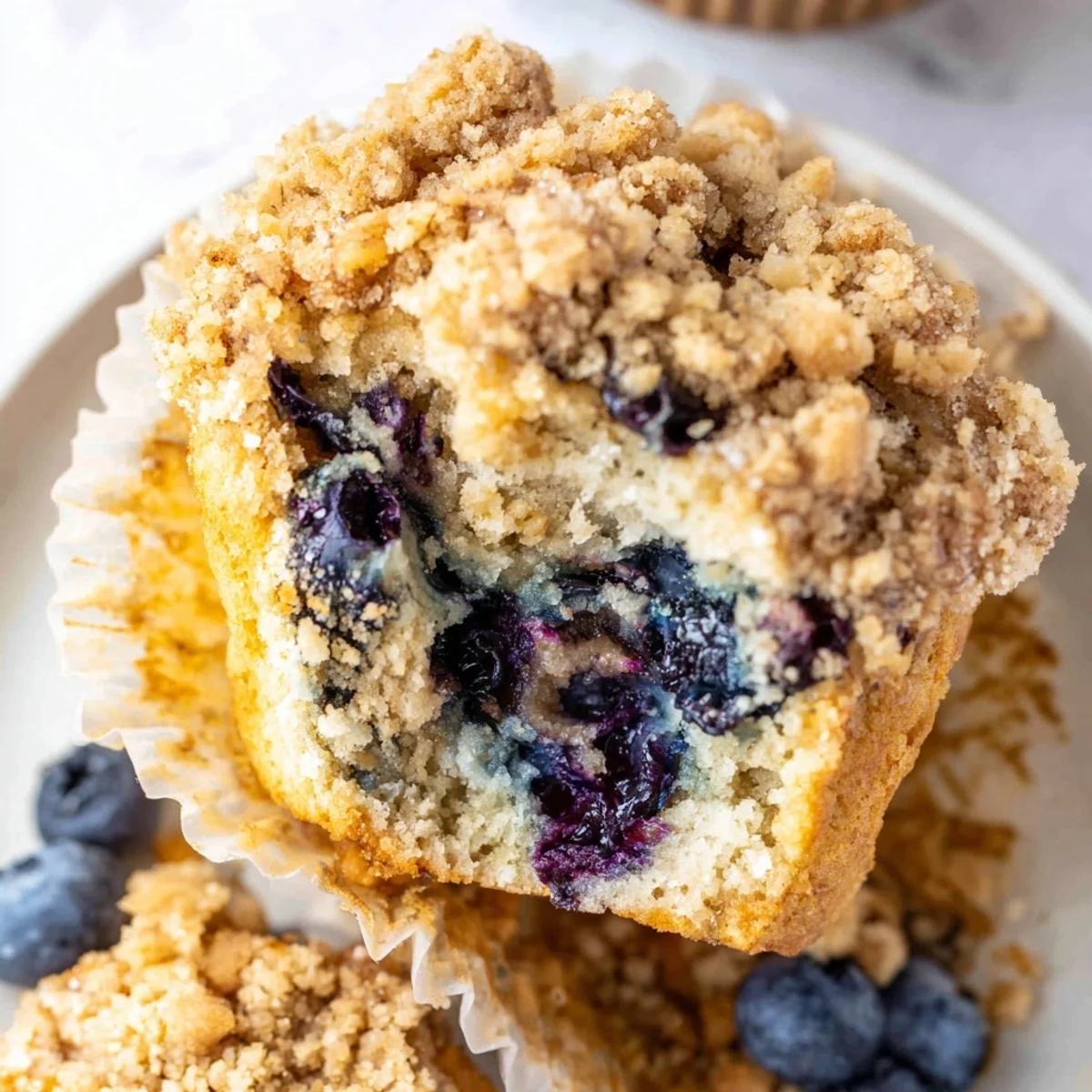 Freshly baked, golden-topped fluffy homemade blueberry muffins with a delightful streusel crumble.