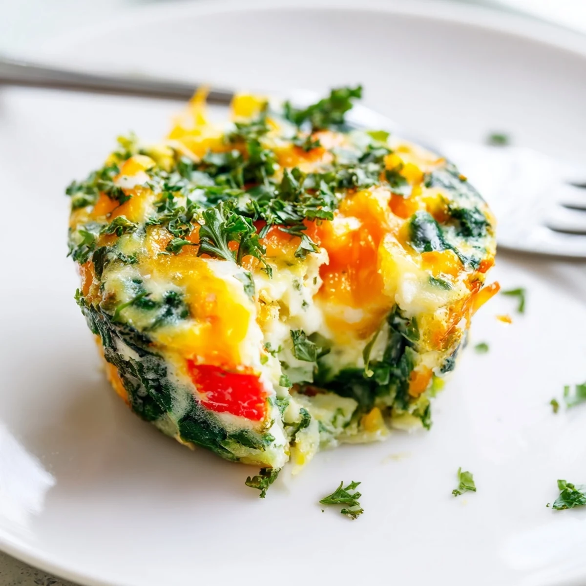 A close-up of baked Mini Crustless Quiches studded with cheese and herbs, perfect for serving.