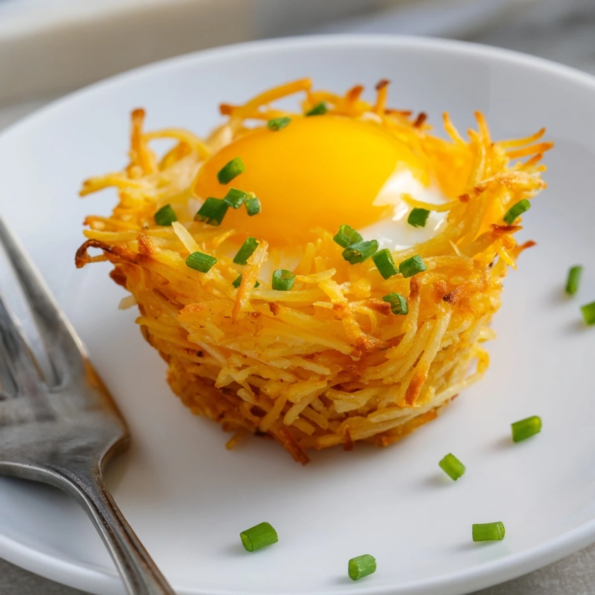 Delicious and cheesy Crispy Hashbrown Egg Nests, a homemade breakfast with fluffy baked potatoes.