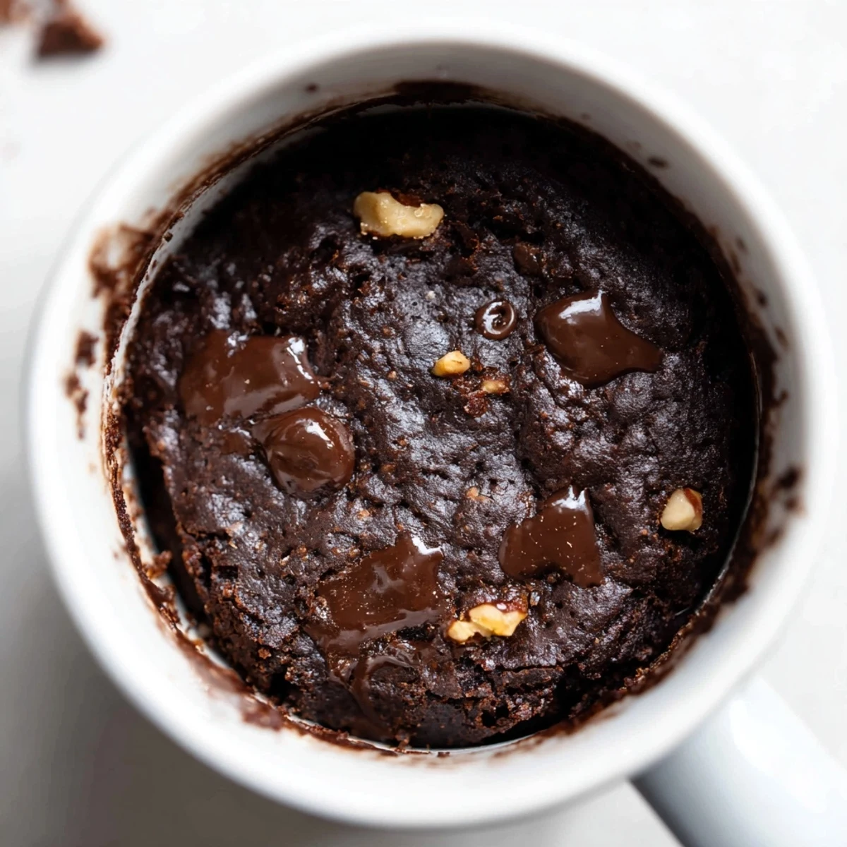 Steaming-hot mug brownie, rich chocolate dessert, ready to enjoy after a quick 2-minute cook.