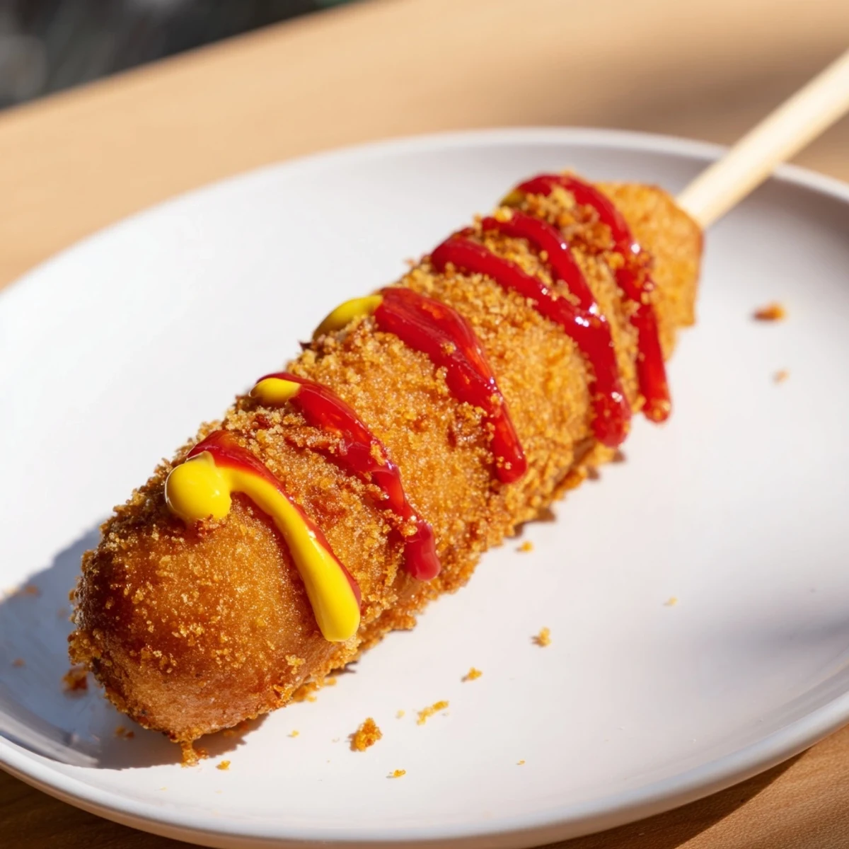 Golden, crispy Korean-inspired corn dogs served with ketchup and mustard for a delicious snack.