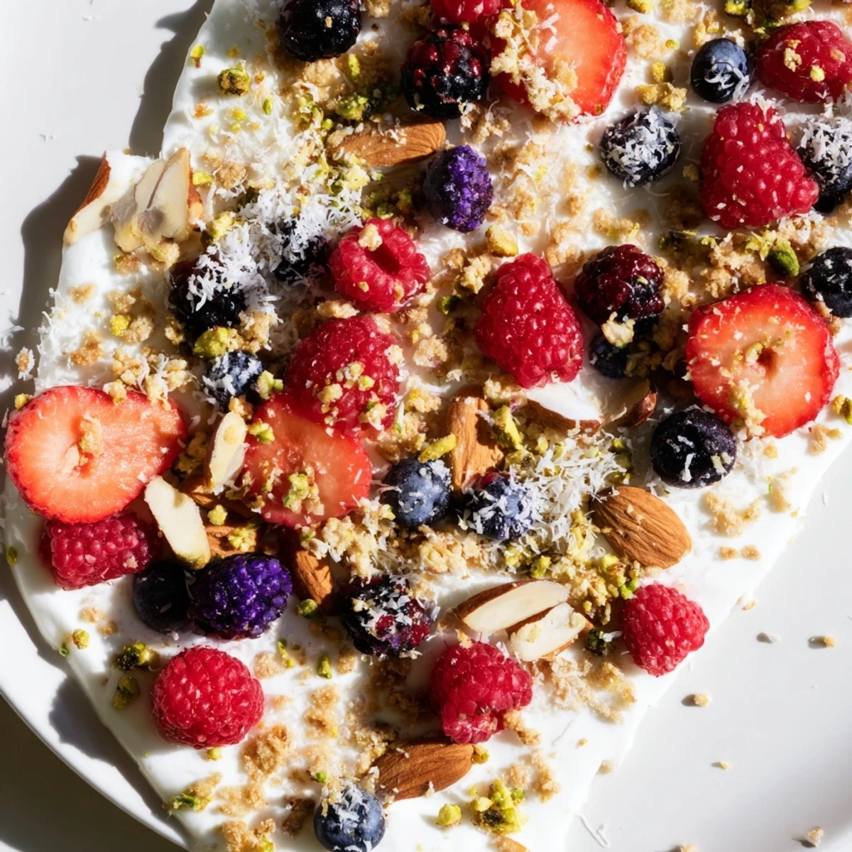Frozen Berry Yogurt Bark: a refreshing and sweet snack, featuring mixed berries and crunchy granola.