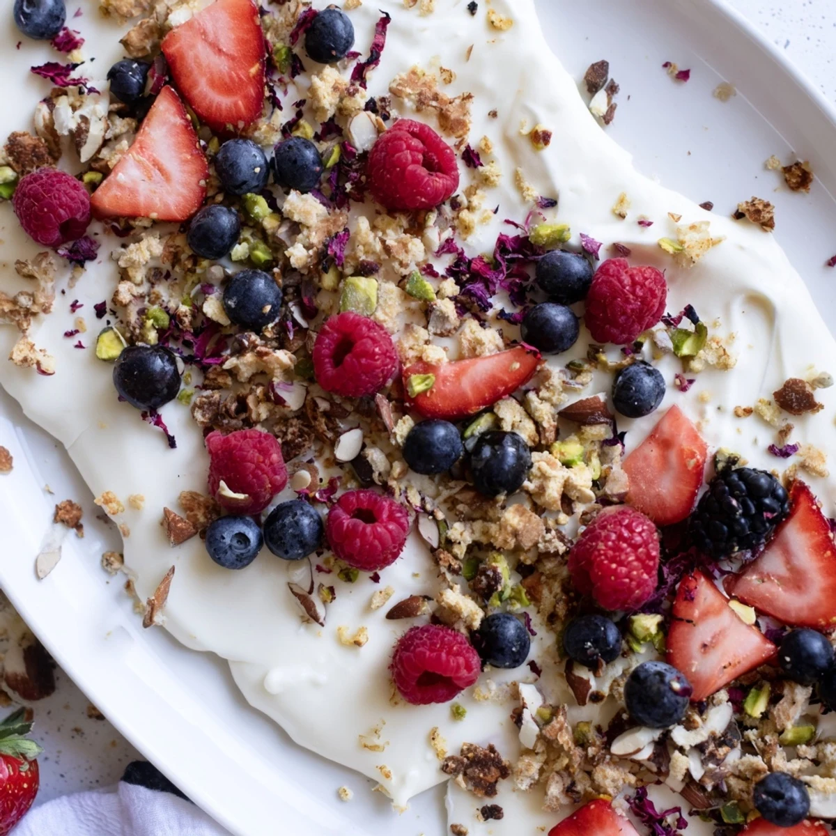 Vibrant Berry Yogurt Bark, a frozen treat with layers of creamy yogurt and colorful berries.