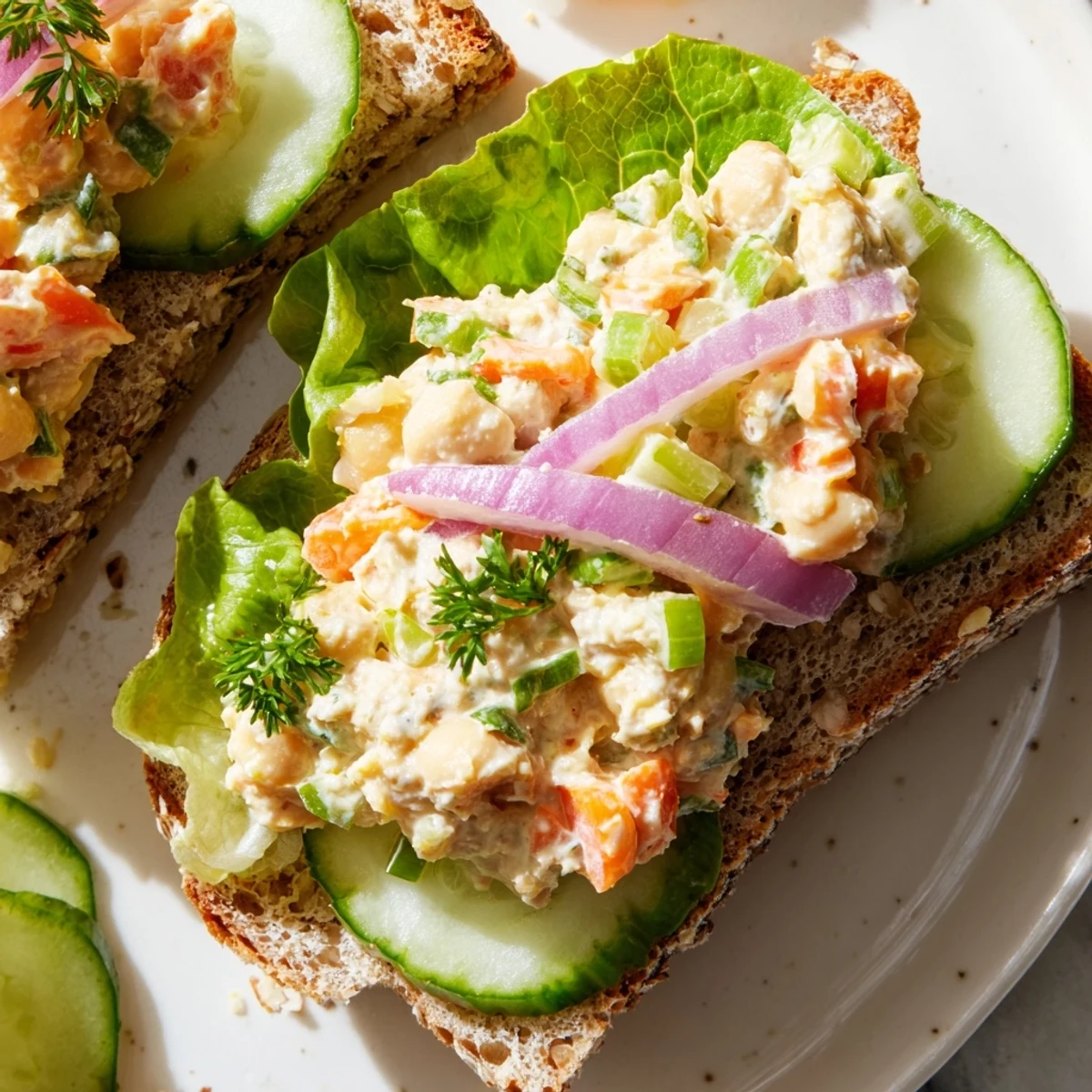 Stack of two halves of a delicious Easy Chickpea Salad Sandwich, ready to eat for a fast lunch.