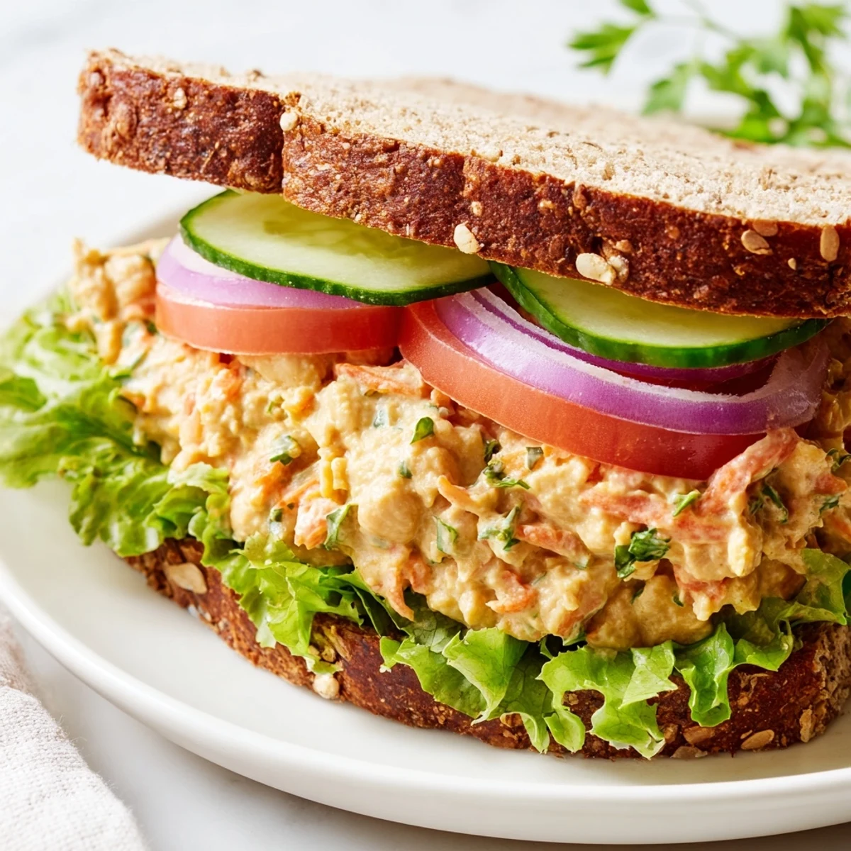 Image of a creamy, colorful Easy Chickpea Salad Sandwich, bursting with fresh veggies layered in.