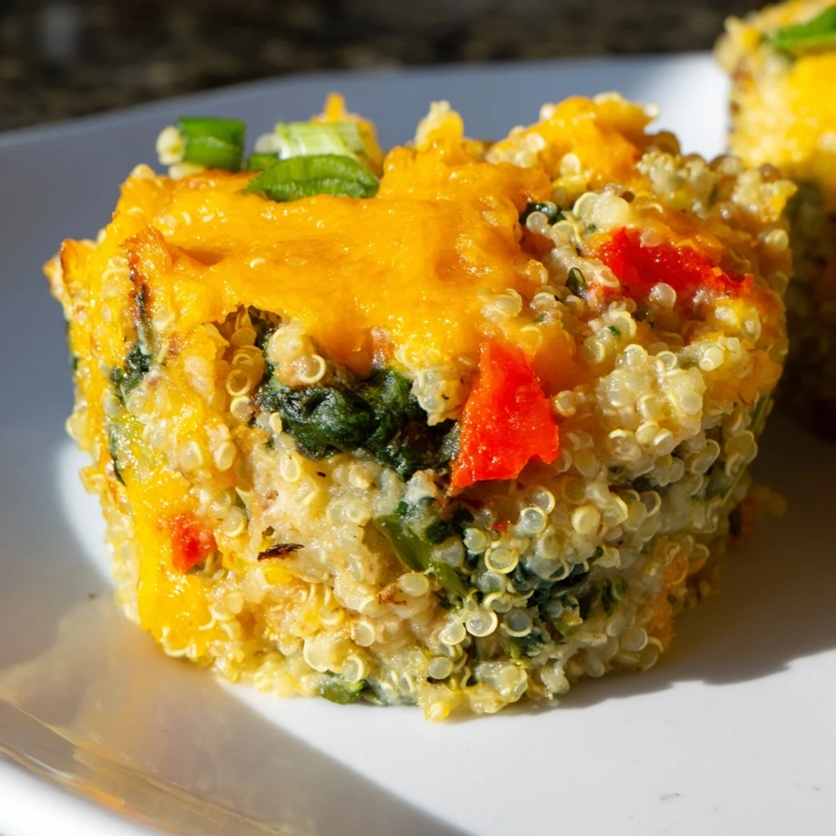 Golden brown Baked Cheddar Quinoa Bites filled with vibrant veggies, perfect as a savory appetizer.