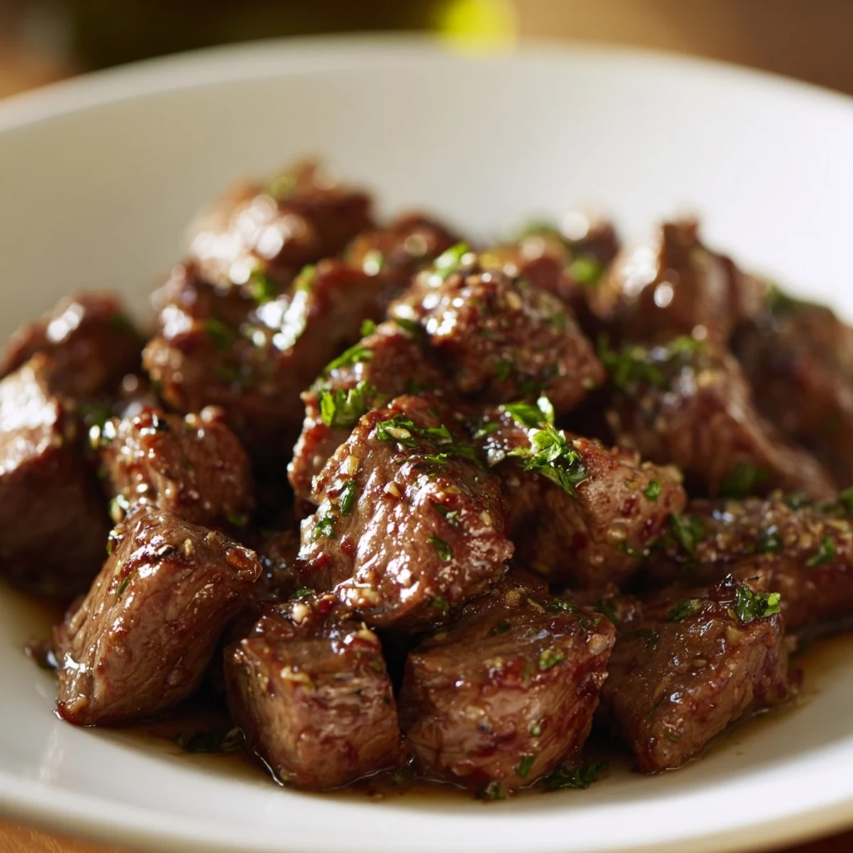Air-Fryer Garlic-Butter Steak Bites, golden brown and glistening, are a perfect savory appetizer.