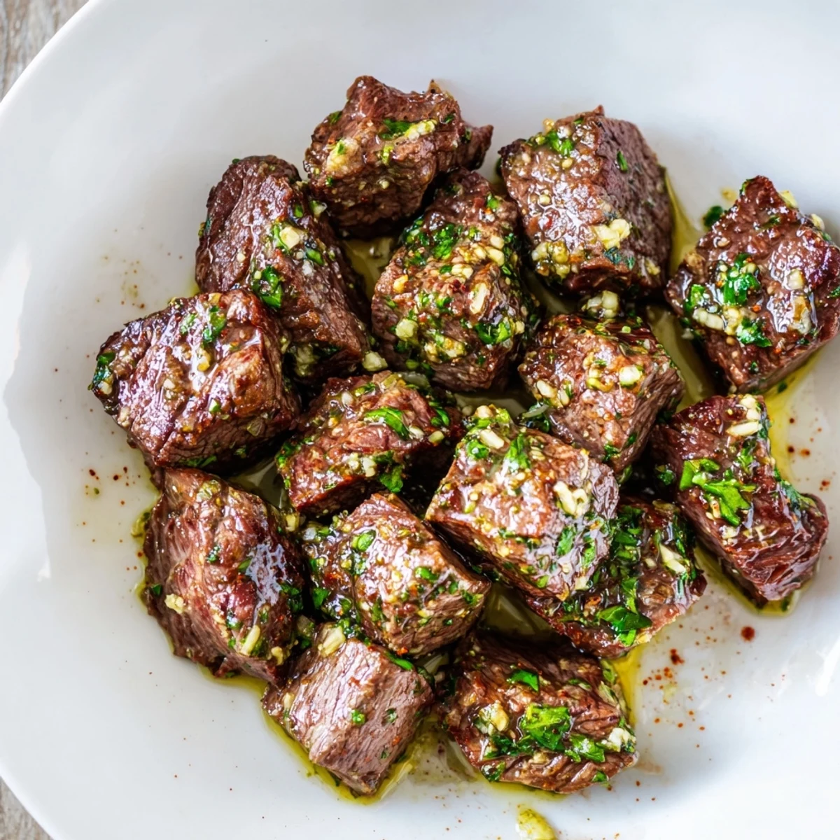 These air-fryer garlic-butter steak bites, cooked with herbs, boast a rich garlic-butter sauce for flavor.
