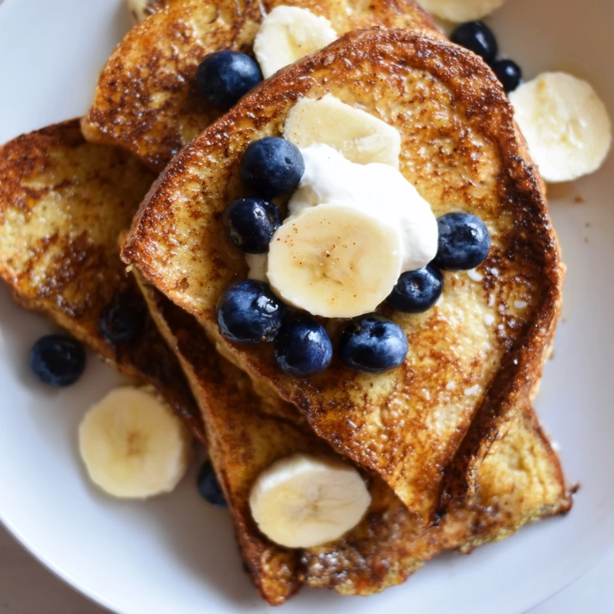 Golden brown Protein French Toast, topped with fresh berries, offers a beautiful and protein-packed breakfast.