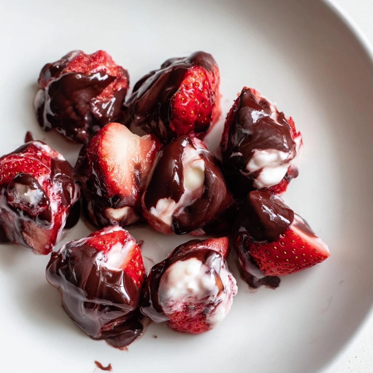Delectable image of Strawberry Yogurt Clusters: Bite-sized treats with glistening chocolate and a refreshing, frozen texture.