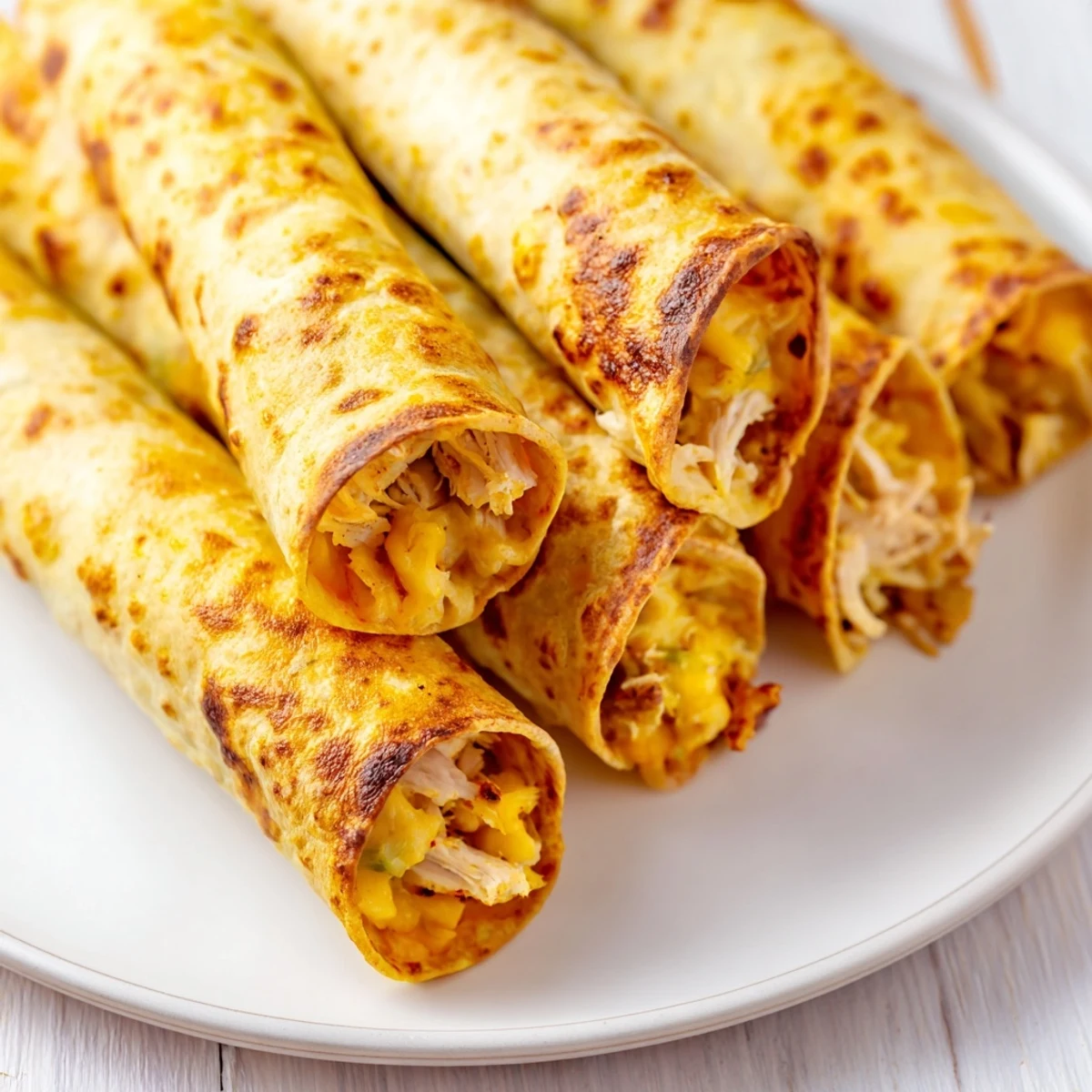 Golden-brown air fryer taquitos, filled with chicken and cheese, ready to be enjoyed with toppings.