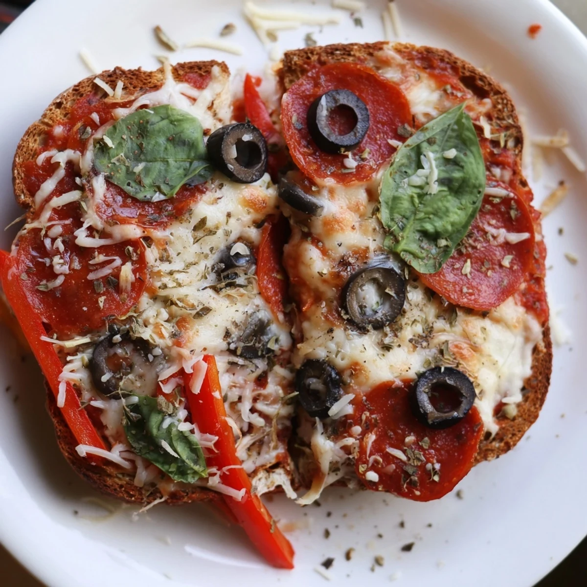 Cheesy, bubbly Pizza Toast 2.0 with pepperoni and a melty, golden cheese crust about to be eaten.