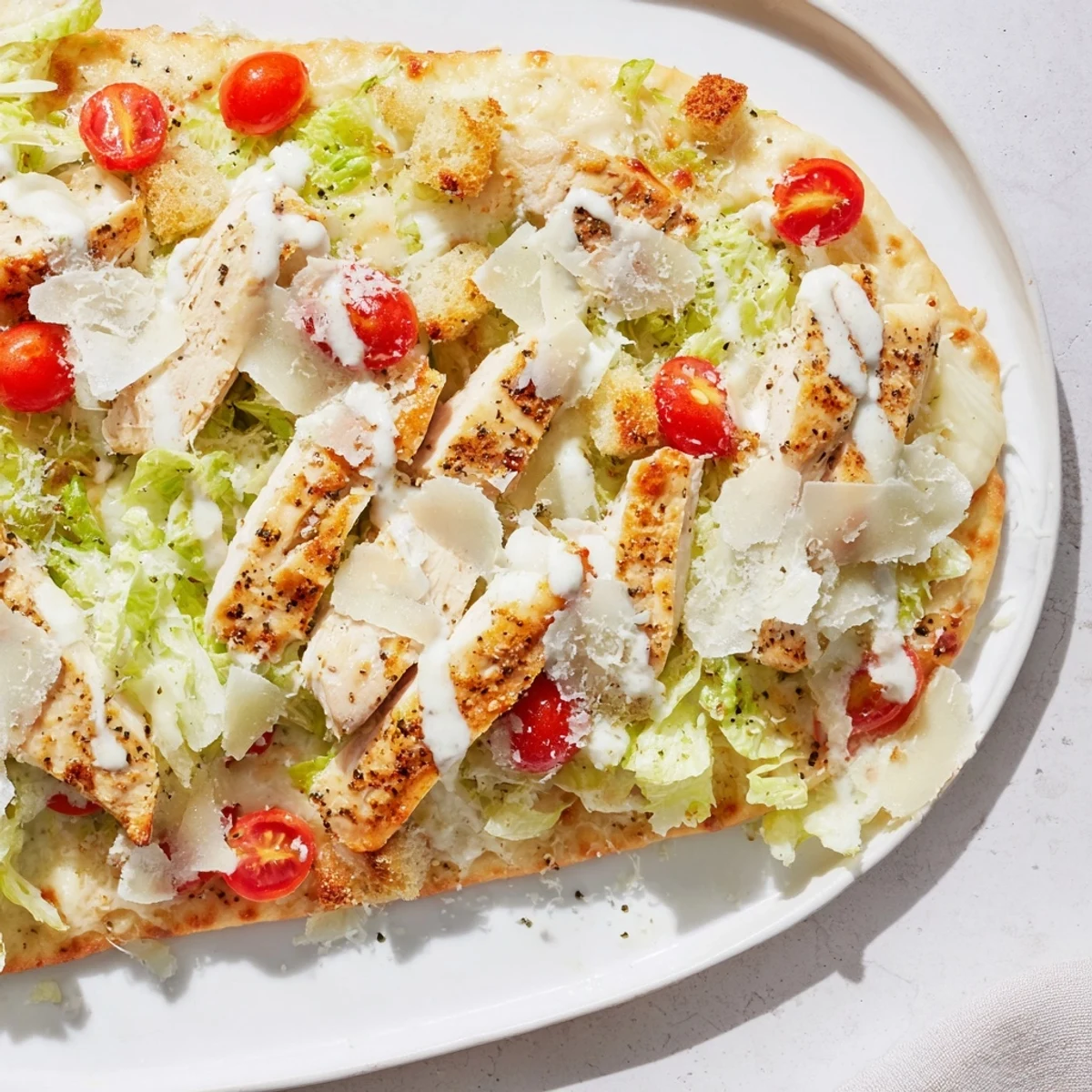 Golden, cheesy Chicken Caesar Flatbread with grilled chicken, fresh romaine, and a creamy dressing.