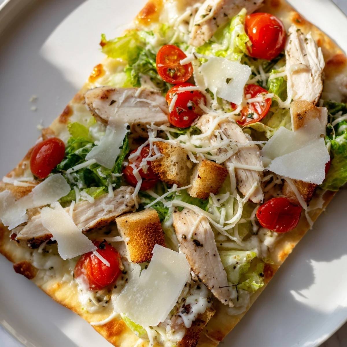 Savory Chicken Caesar Flatbread slices, loaded with toppings and perfect for a quick, tasty meal.