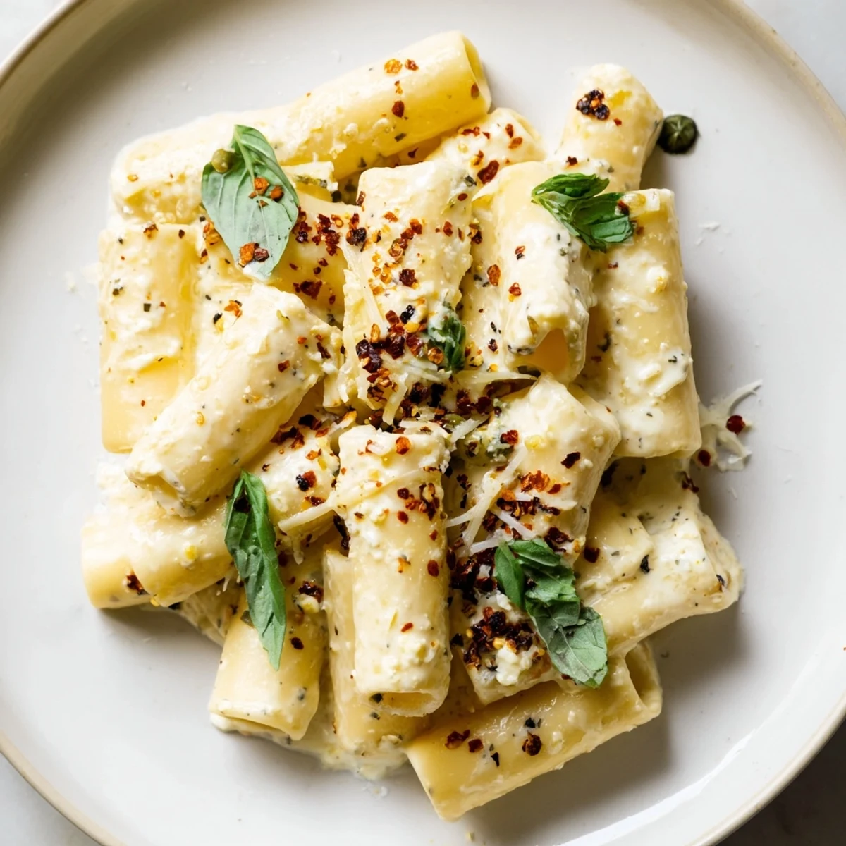 Creamy Cottage Cheese Pasta with fresh basil, a perfectly plated, comforting and easy meal.