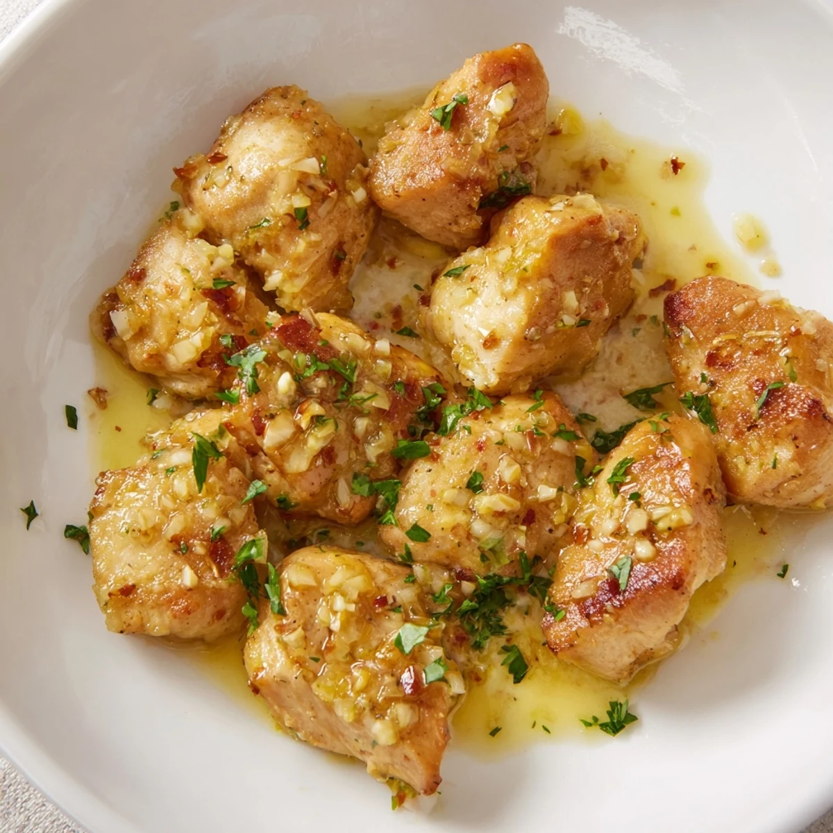 Golden, seared garlic butter chicken bites glistening in a savory, buttery sauce ready to serve.