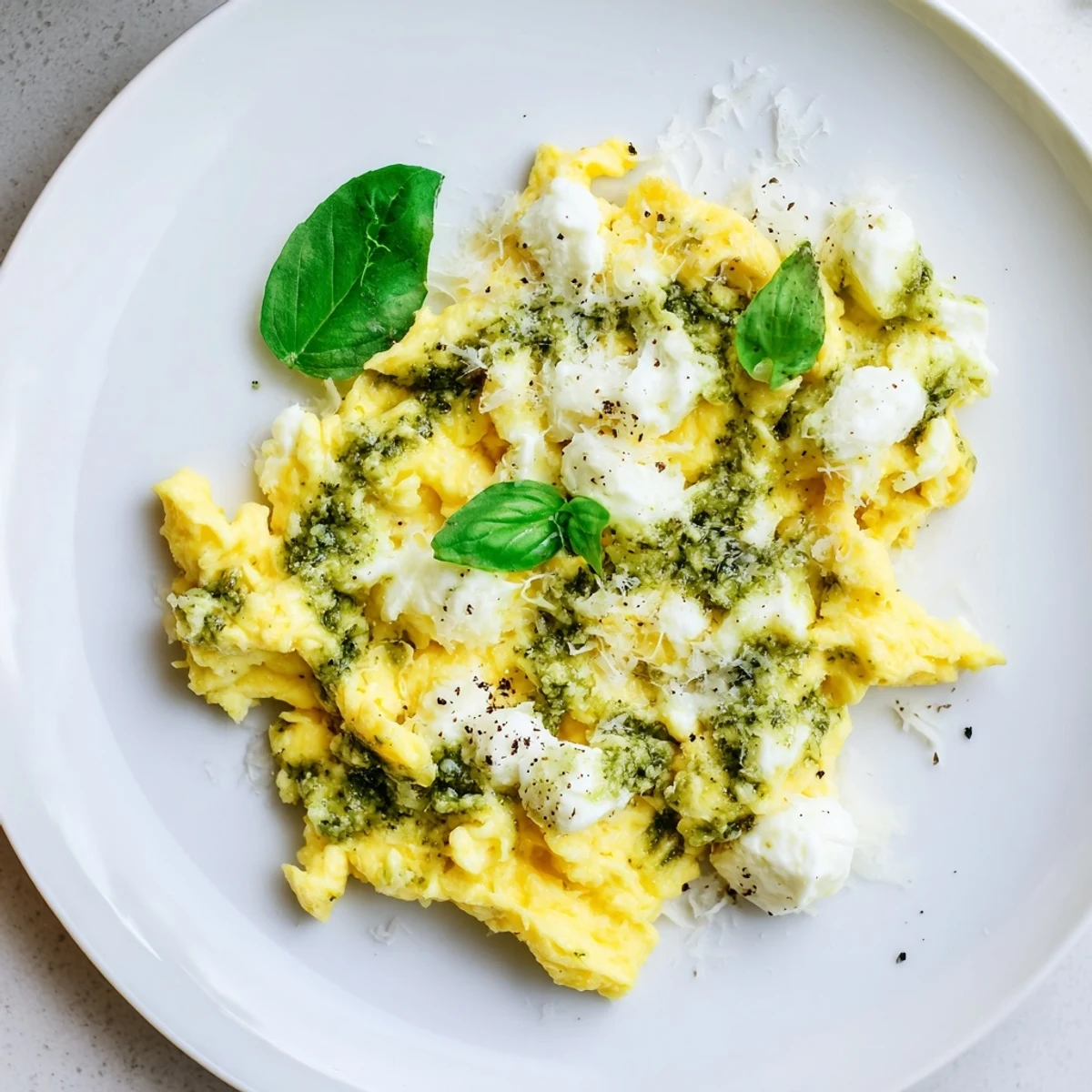 Fluffy Pesto Cottage Cheese Eggs, a vibrant breakfast of creamy scrambled eggs with pesto and cottage cheese.