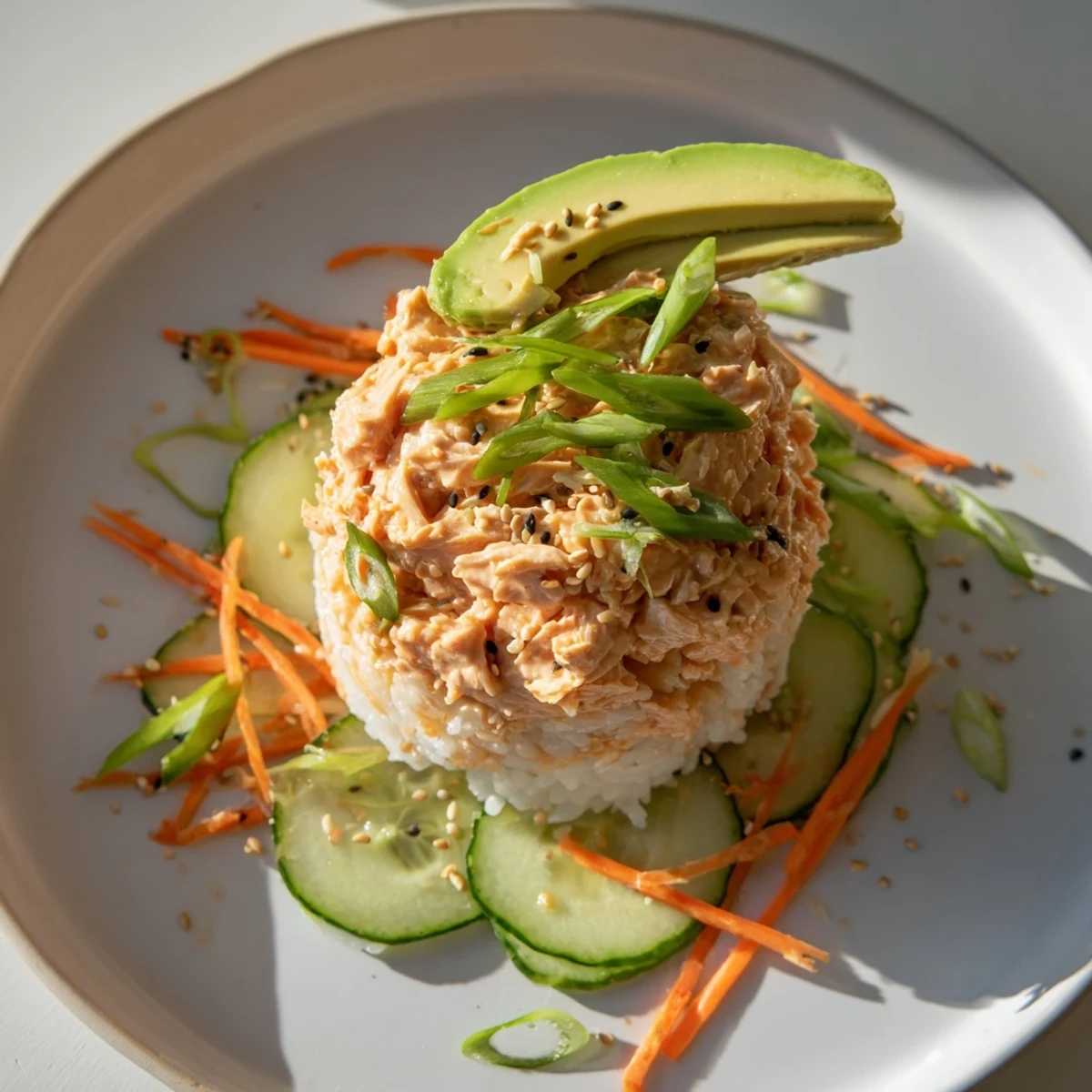 Flaky spicy canned salmon rice bowl with colorful veggies and creamy sriracha mayo.