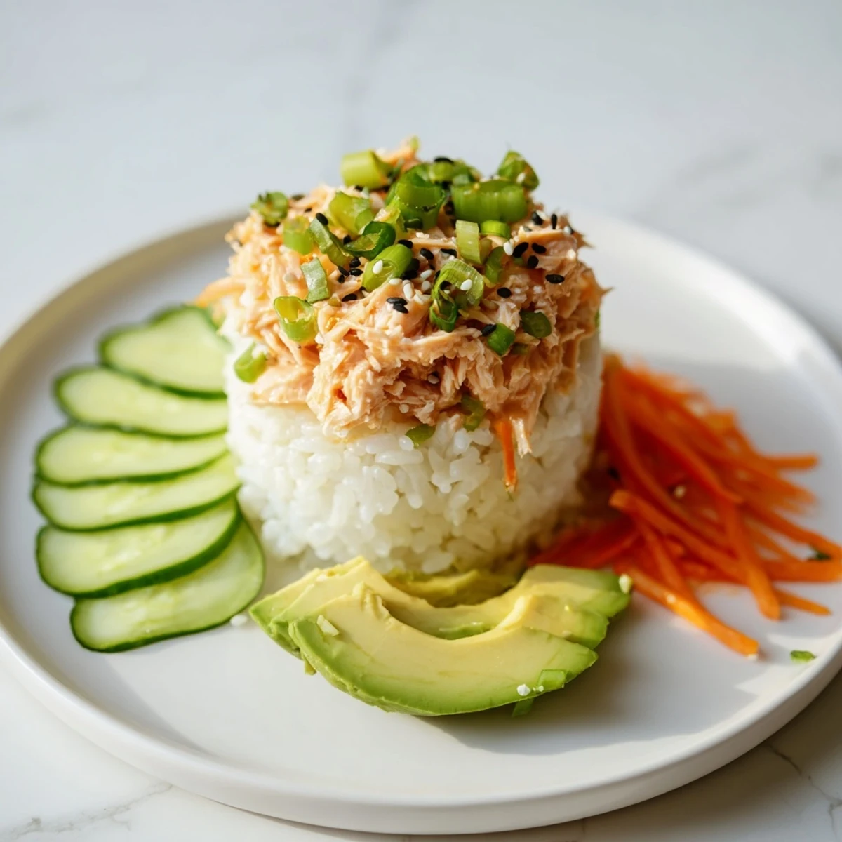 A close-up of a flavorful spicy canned salmon rice bowl, perfect for lunch or dinner.