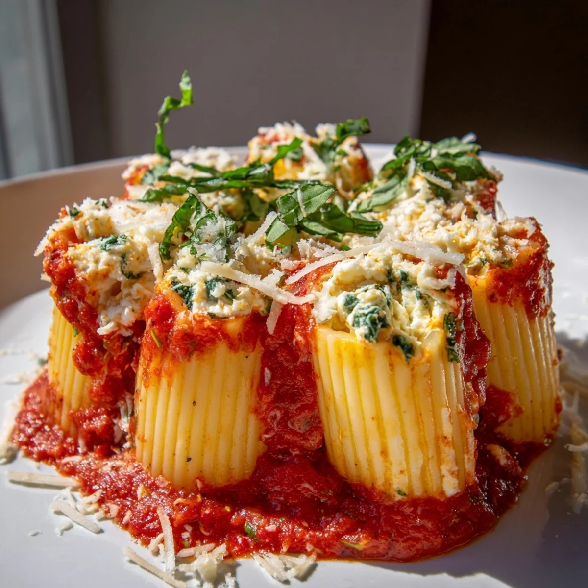 Golden, bubbly Honeycomb Pasta Bake features upright pasta tubes stuffed with creamy cheese and marinara.