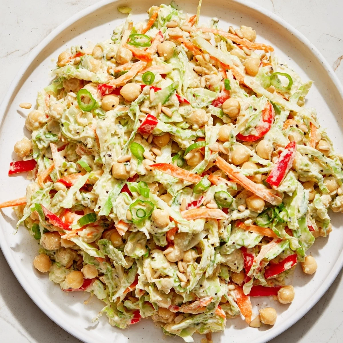 Fresh, vibrant fiber-forward chickpea salad, tossed in creamy tahini dressing, ready for lunch.