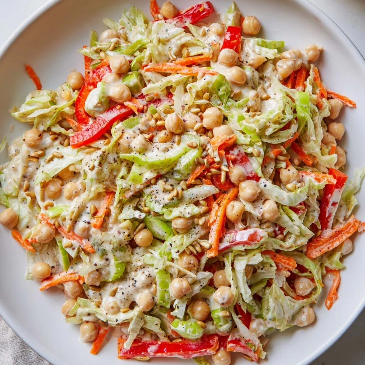 A Mediterranean-inspired bowl of colorful fiber-forward chickpea salad, featuring fresh vegetables.