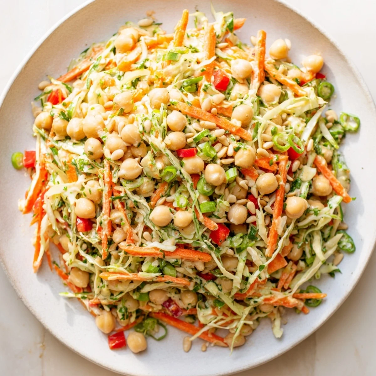 This delicious fiber-forward chickpea salad, with carrots and cabbage, is perfect for a light, healthy meal.