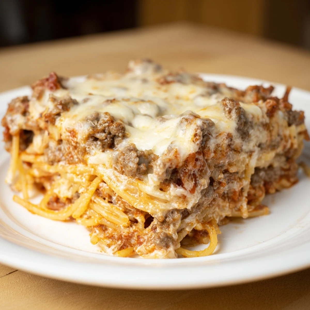 Warm, bubbling Million Dollar Spaghetti casserole with a golden, cheesy crust; imagine the savory aroma!