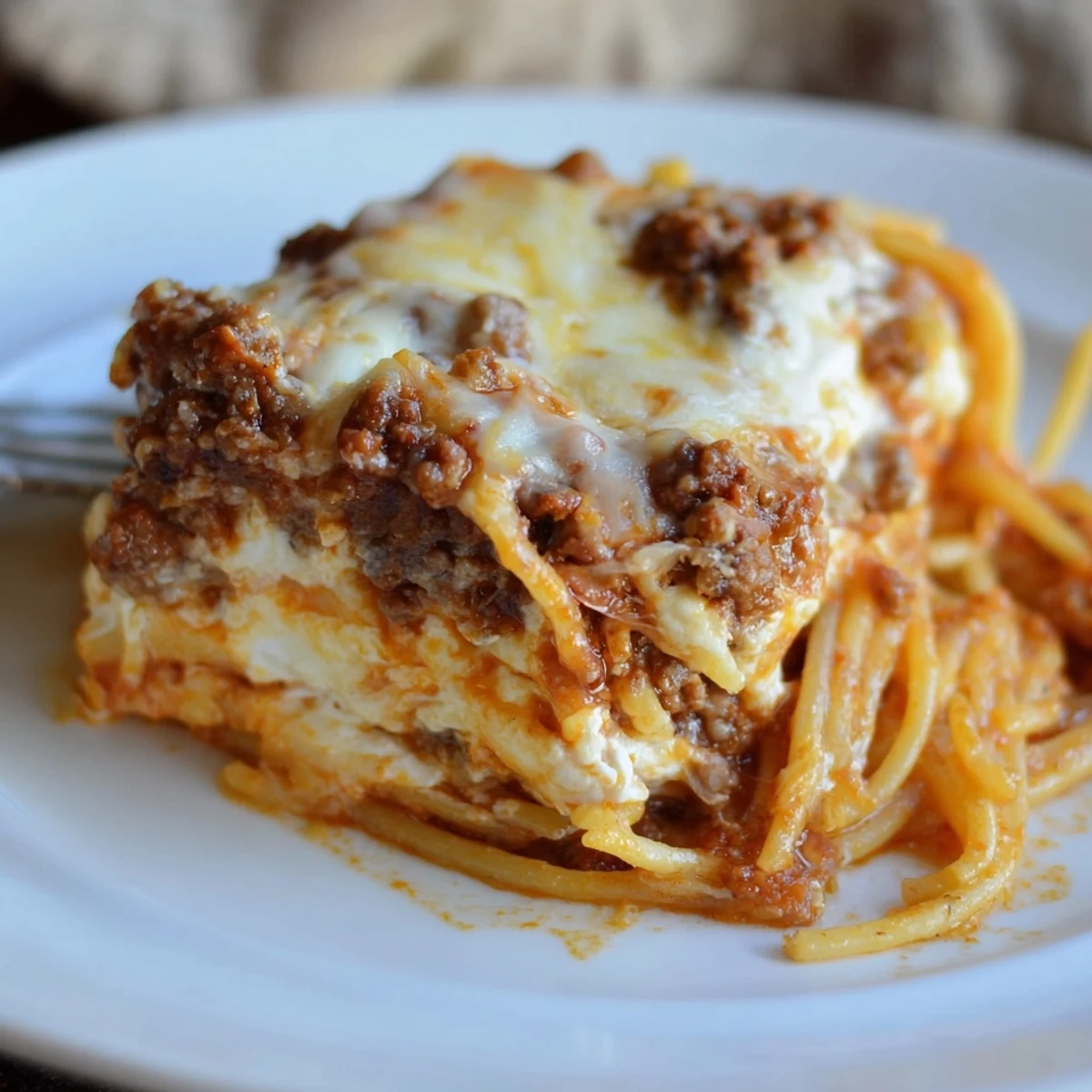 A close-up of baked Million Dollar Spaghetti, showcasing layers of cheese, meat sauce, and creamy Alfredo.