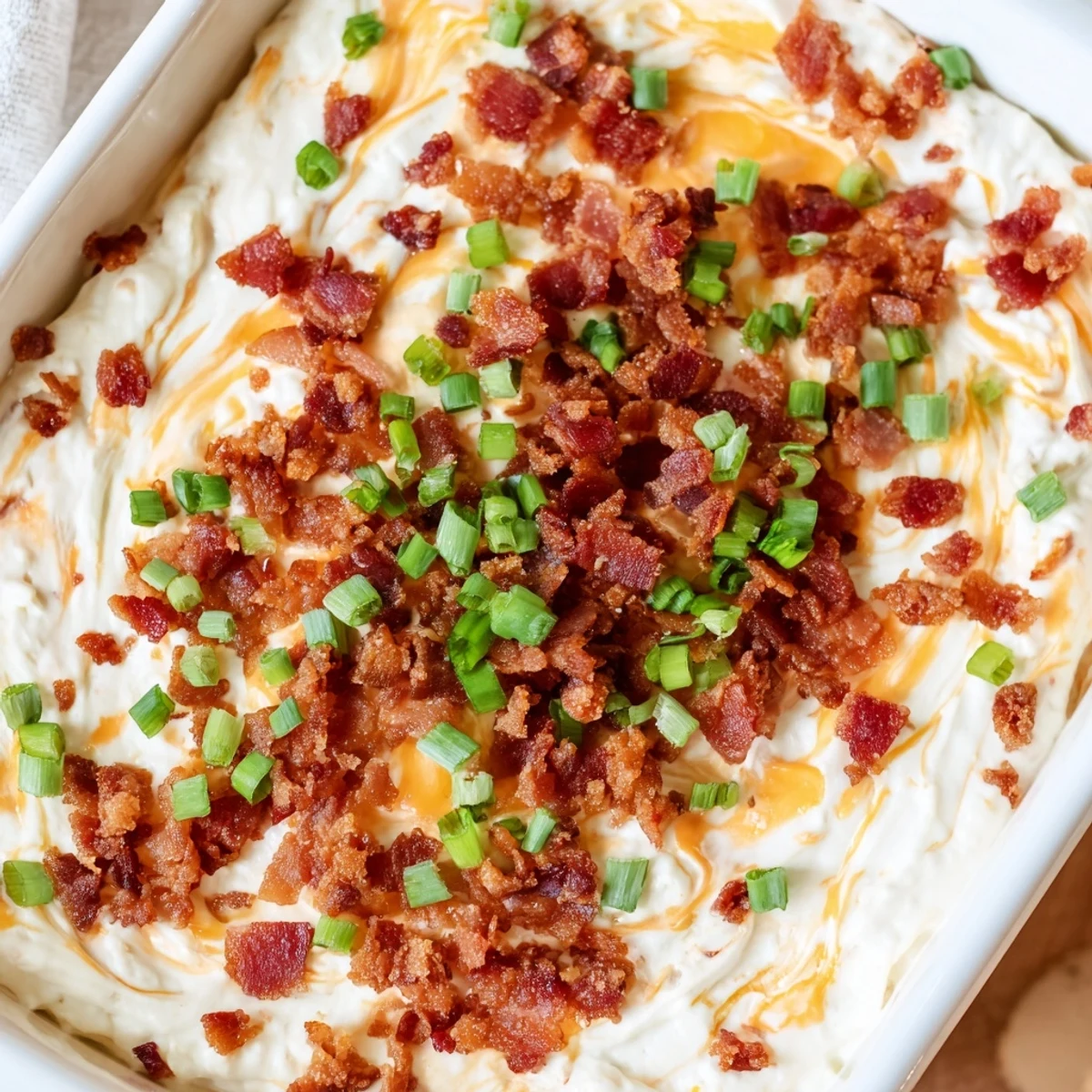Warm, creamy Cheesy Bacon Ranch Dip: a baked appetizer with melted cheddar and ranch flavor.