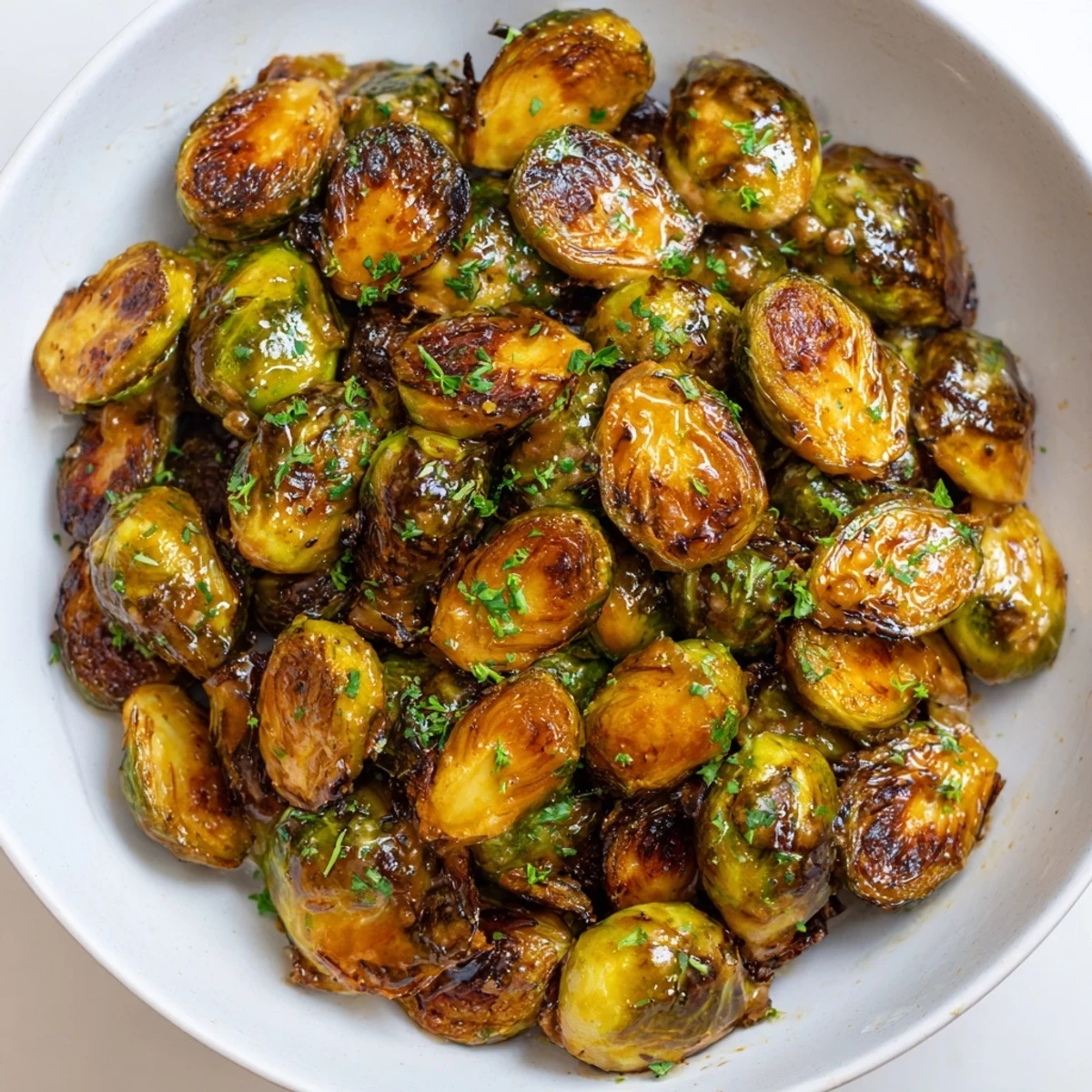 Roasted Honey Mustard Glazed Brussels Sprouts glistening with a sweet, tangy glaze, ready for a flavorful side.