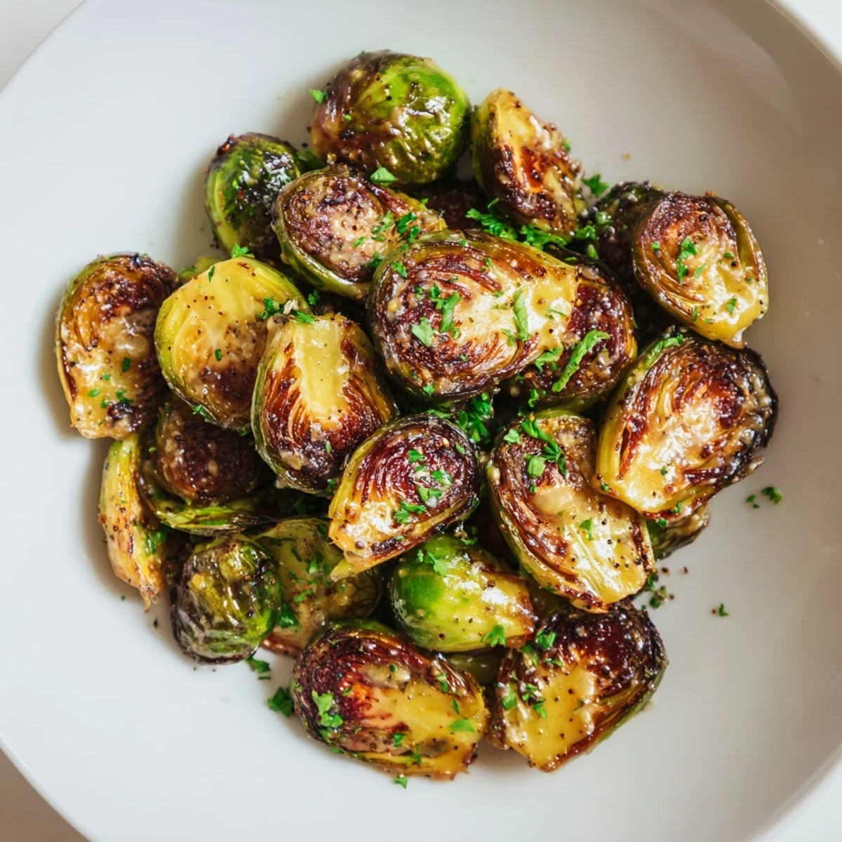 Golden-brown Honey Mustard Glazed Brussels Sprouts, caramelized and perfectly cooked for a delicious meal.