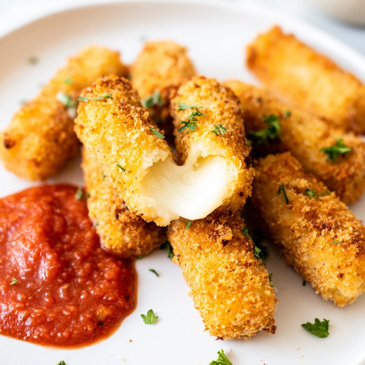 Golden, crispy air fryer mozzarella sticks, perfect for dipping in warm marinara sauce.