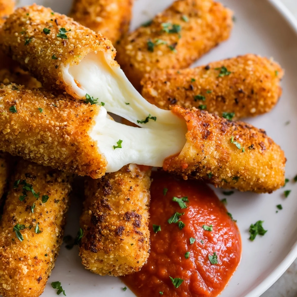 Enjoy the crunch: Air fryer mozzarella sticks, ready in minutes, served with fresh basil garnish.